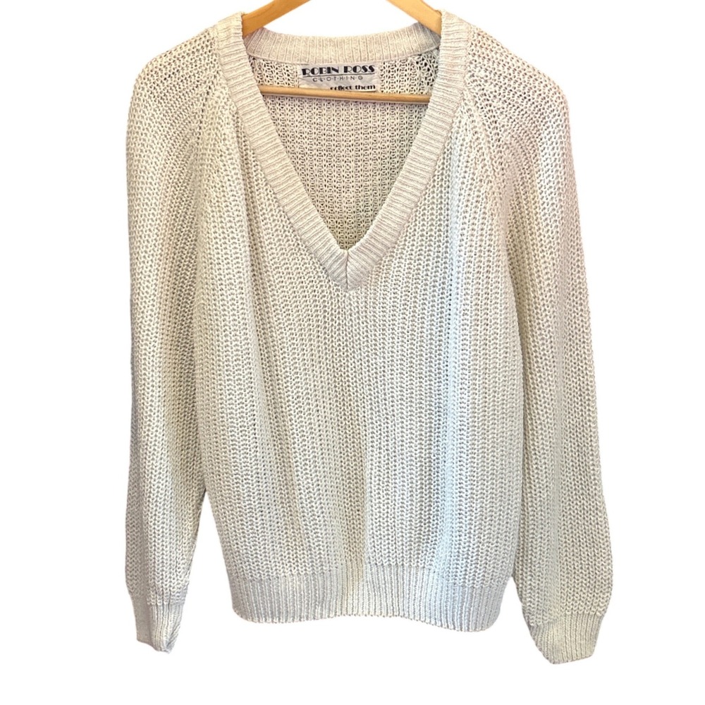 Vintage Robin Ross Sweater V-Neck Metallic Shimmer Cream Knit Raglan 80s Style